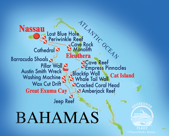 Карта и описание дайв-сайтов на Багамских островах